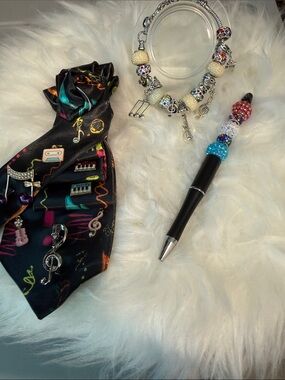 Music-Themed Black Satin junk Tie with Colorful Instrument Print